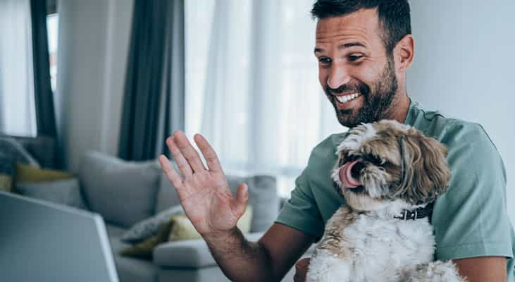 Remote meeting participant showing his dog