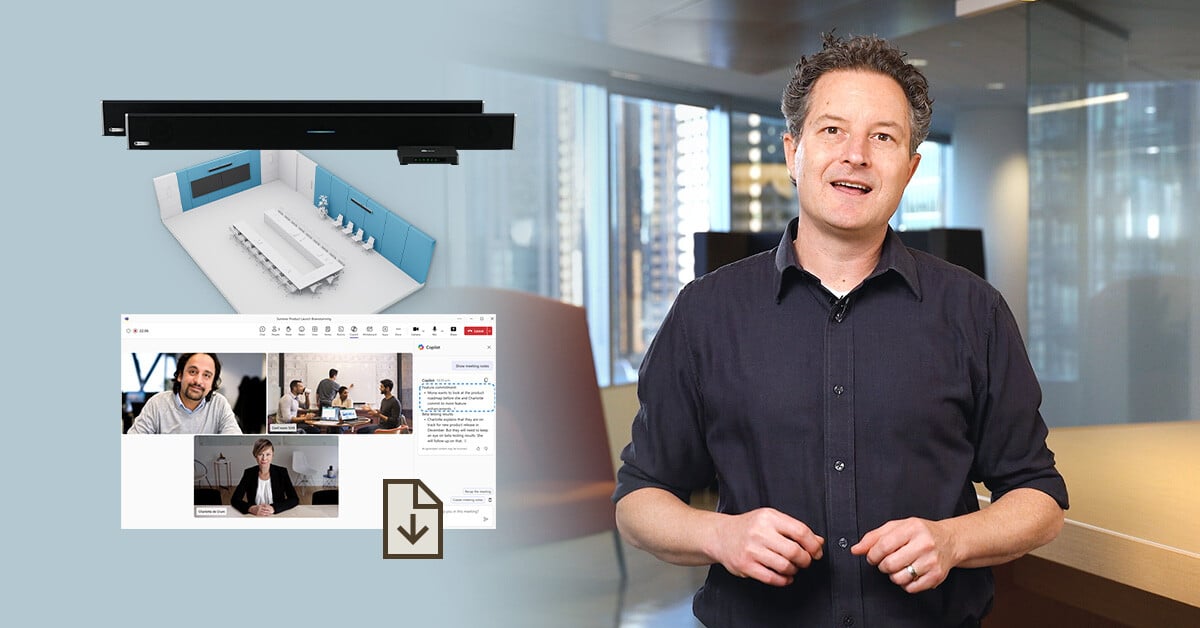 Nureva VP of products speaks alongside an HDL410 audio system, a screencap from Microsoft Teams Copilot and a boardroom.