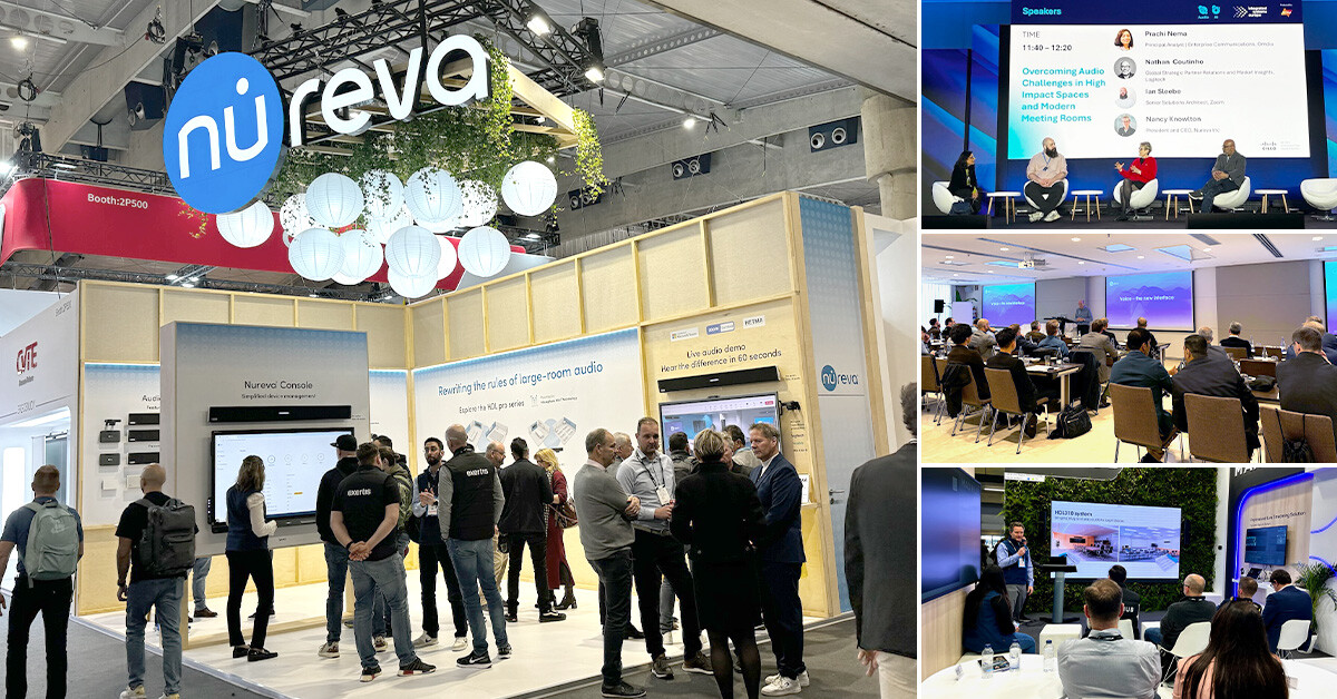 Four photos of Nureva's activities at ISE 2025 including people visiting our stand, our channel meeting, a panel session and a presentation in a meeting room.