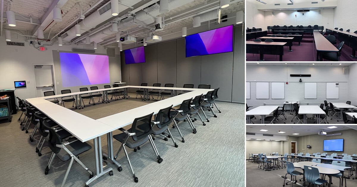 A classroom at UNC-Chapel Hill with a flexible room setup, equipped with a Nureva microphone and speaker bar on the wall and several displays.