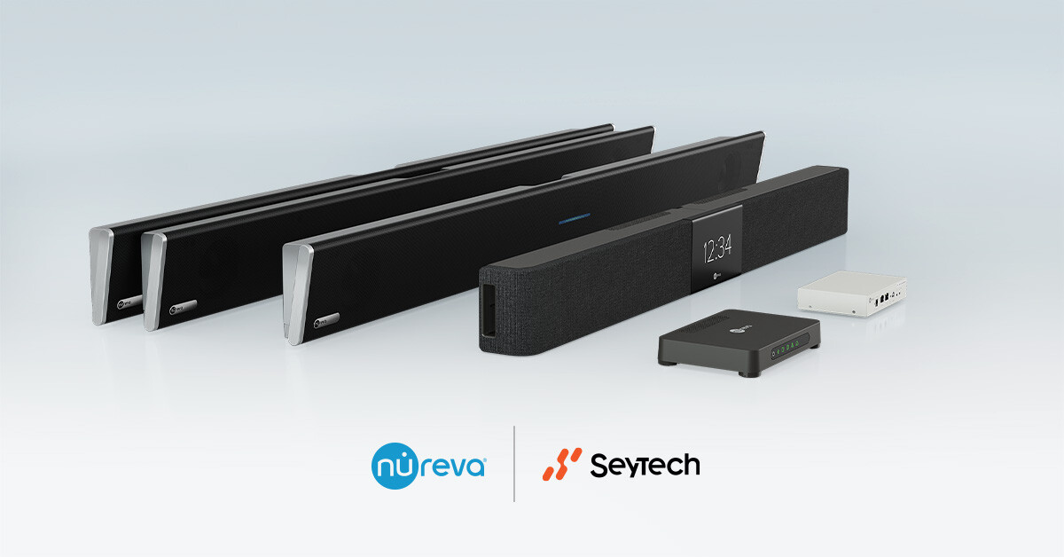 The full range of Nureva audio conferencing systems, with microphone and speaker bars and a connect module, and the Nureva and Seytech logos.