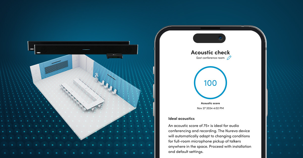 The acoustic check feature of the Nureva App, with the iPhone user interface, alongside an HDL410 system and a boardroom rendering.