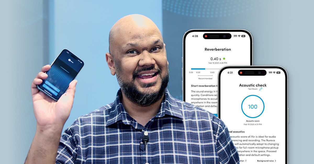 A product manager (featured in the video below) shows an iPhone with the Nureva App alongside screenshots of the acoustic check interface.